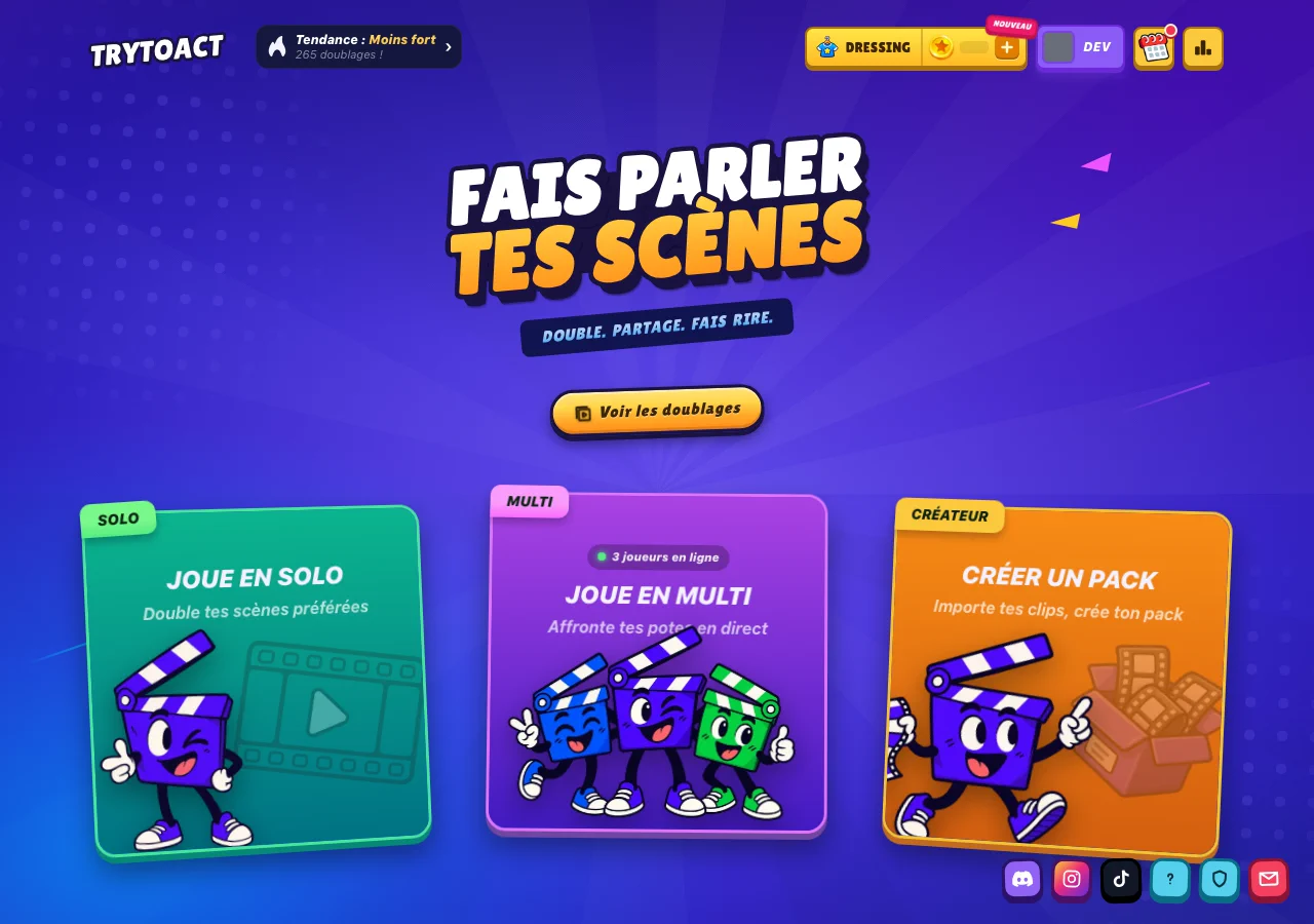 Der TryToAct-Startbildschirm mit seinen drei Modi: Solo, Multiplayer und Creator