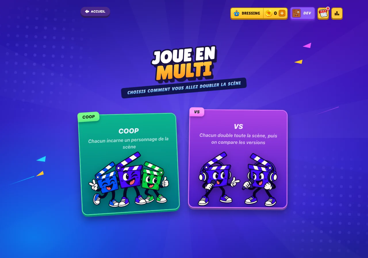 Elegir un modo multijugador: Cooperativo (un personaje cada uno) o VS (la escena entera, y luego se comparan)